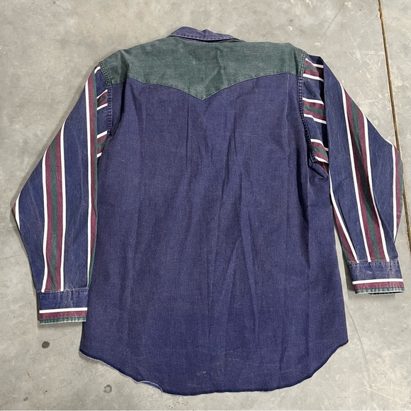 VTG Wrangler Brushpopper Shirt XL 17-35 Striped Maroon Green Blue Western Rodeo - Picture 3 of 5